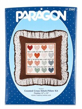 Paragon NEW Heart Theme Counted Cross Stitch 12" X 12" Pillow Kit #2560 Vintage